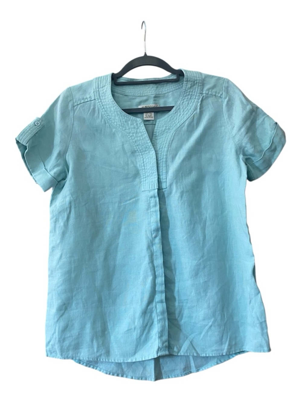 Orvis Women's 100% Linen Blouse Light Blue Short Sleeve Top XS